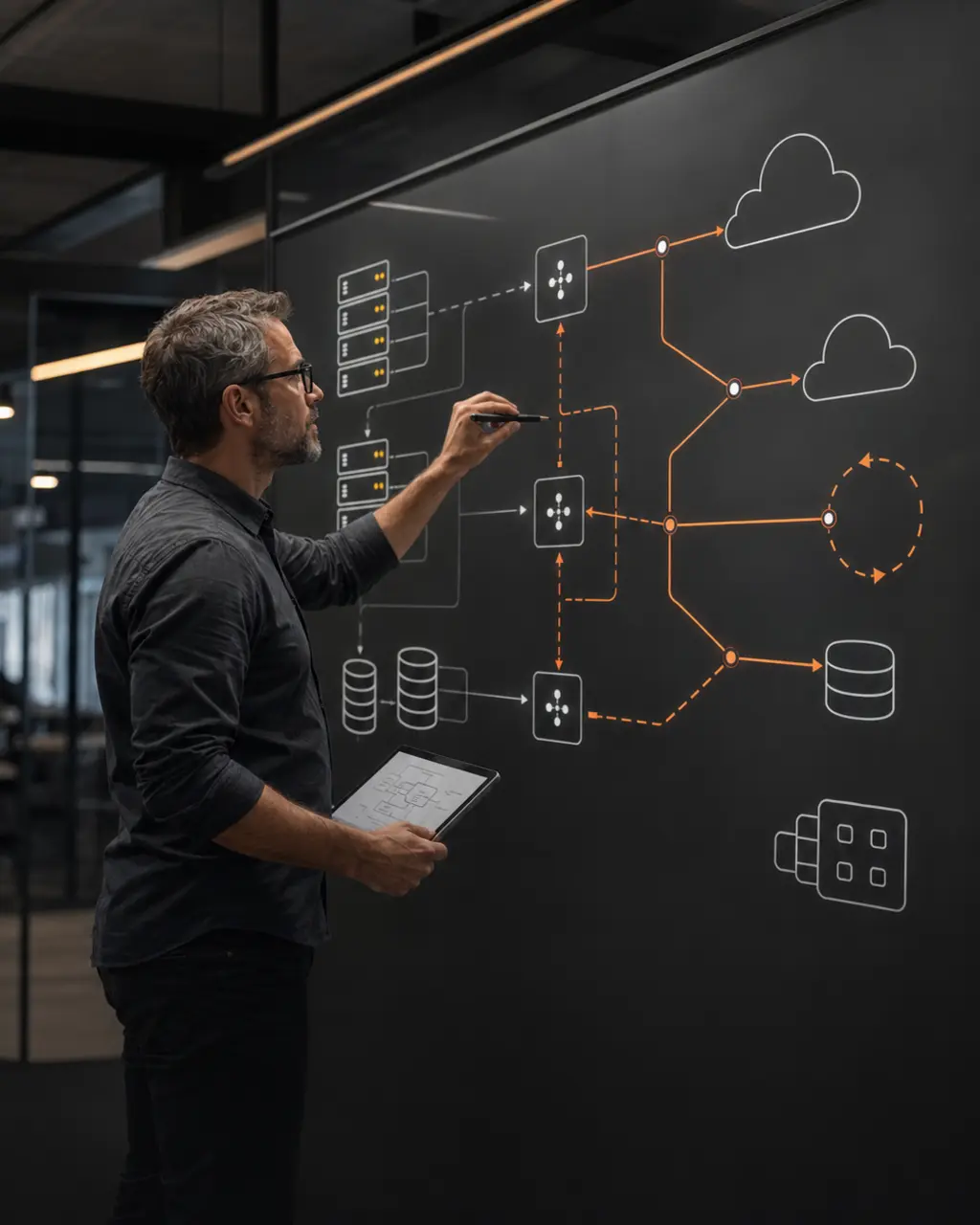 Arquitecto diseñando la integración de servidores, datos, red y nube