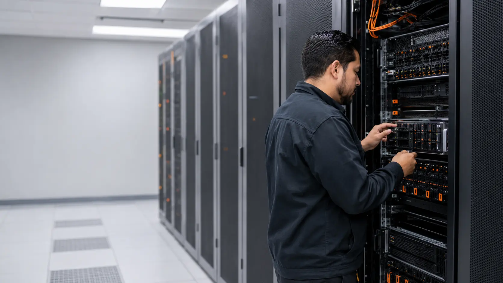 Especialista de TI realizando una revisión técnica en un centro de datos